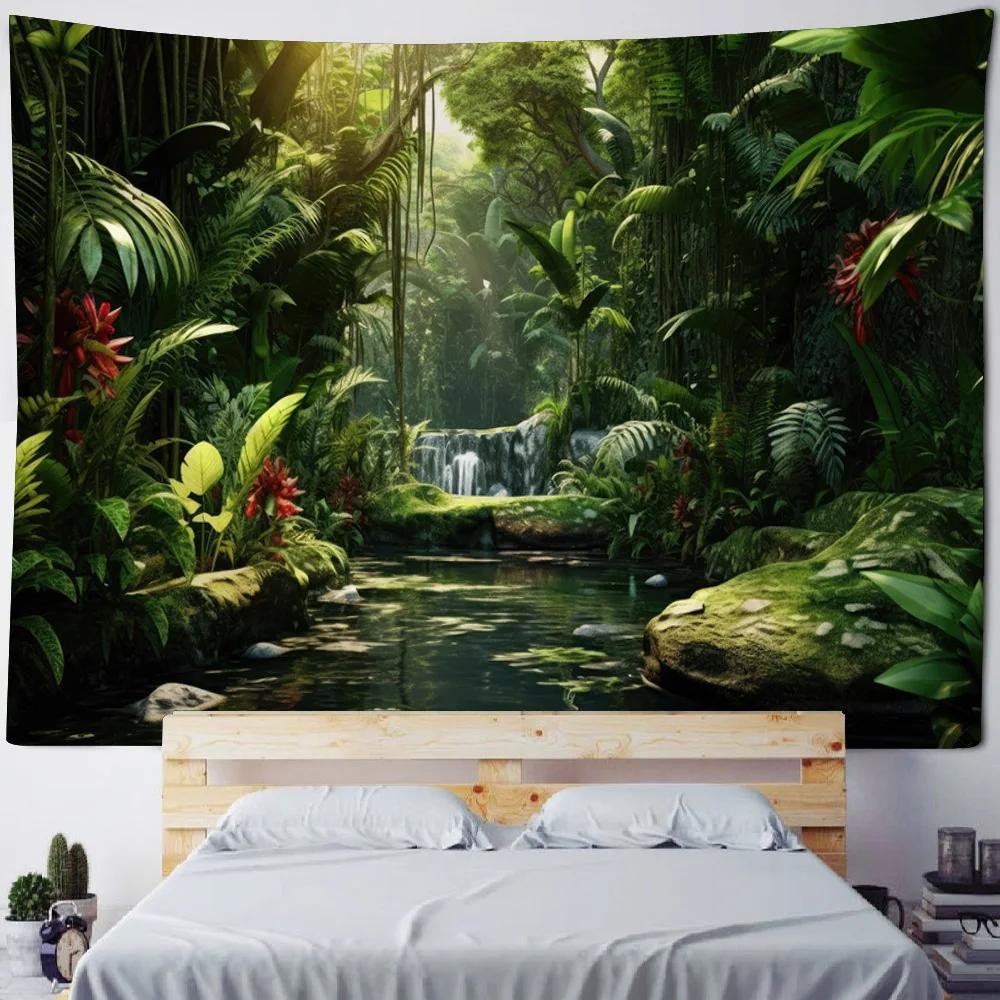 Green Jungle Tapestry Hippie Bohemian Home Decoration Wall Hanging Cloth Living Room Bedroom Mural, Background Poster