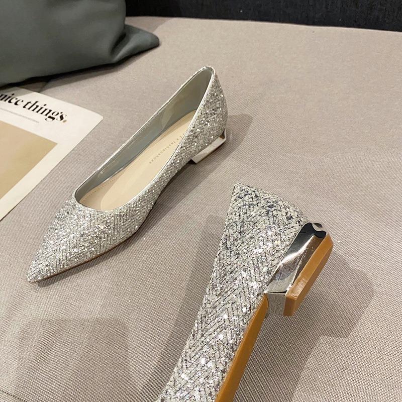Crystal Shoes Sequins Low Heels Women's Pointed Flat Bottom Celebrity Silver Maternity Bride Wedding Shoes