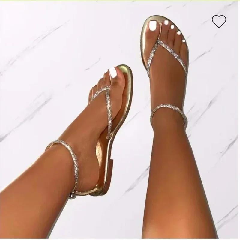 New Ankle Strap Women's Sandals Beach Flip Flops 2024 Summer Women's Shoes Gold Flat Roman Women's Sandals Women Sandals
