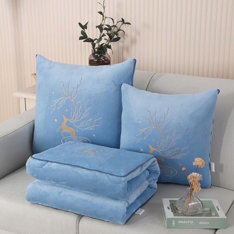 Dual-Use Pillow & Blanket: Crystal Velvet Embroidered Cushion for Car & Office Naps