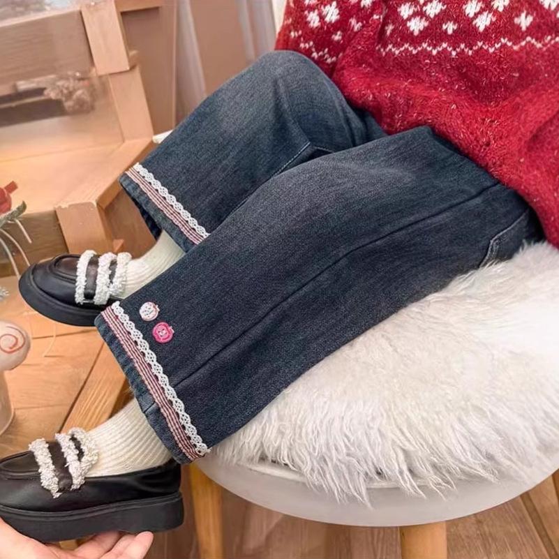 Girls 2025 Winter Velvet-Lined Korean-Style Jeans: Warm, Stylish, and Thickened Trousers for Baby Girls. 120 cm