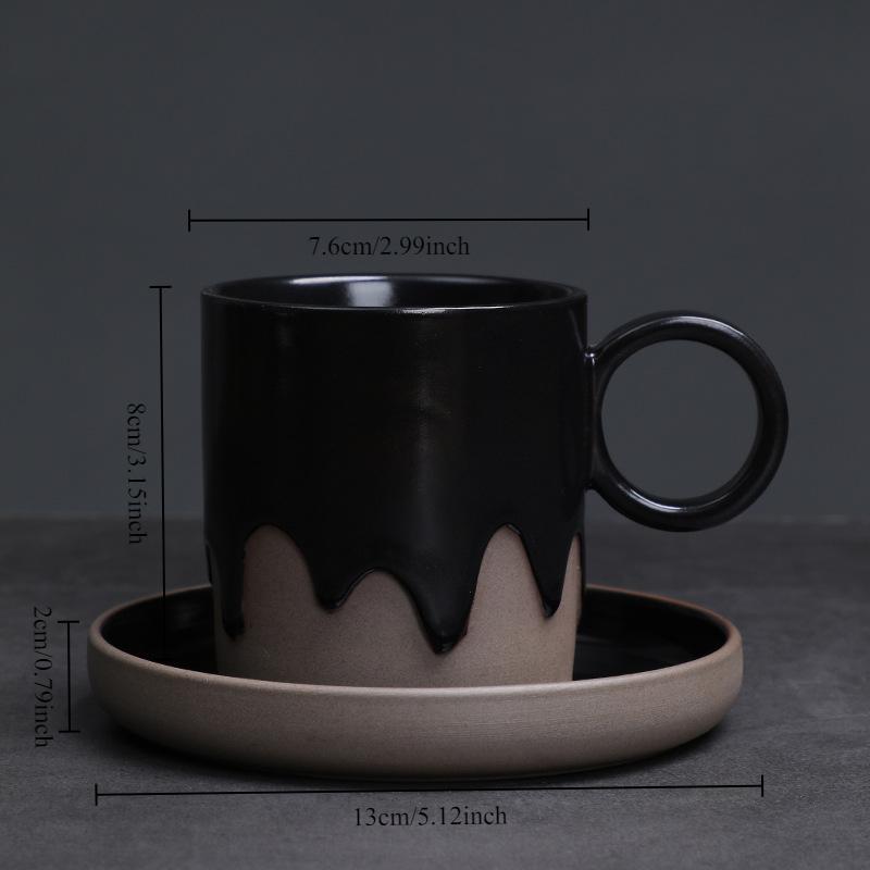 Creative Vintage Style Coarse Pottery Coffee Cup and Saucer Set with Flowing Glaze Finish for Latte Art Home Decor Use Gift Box