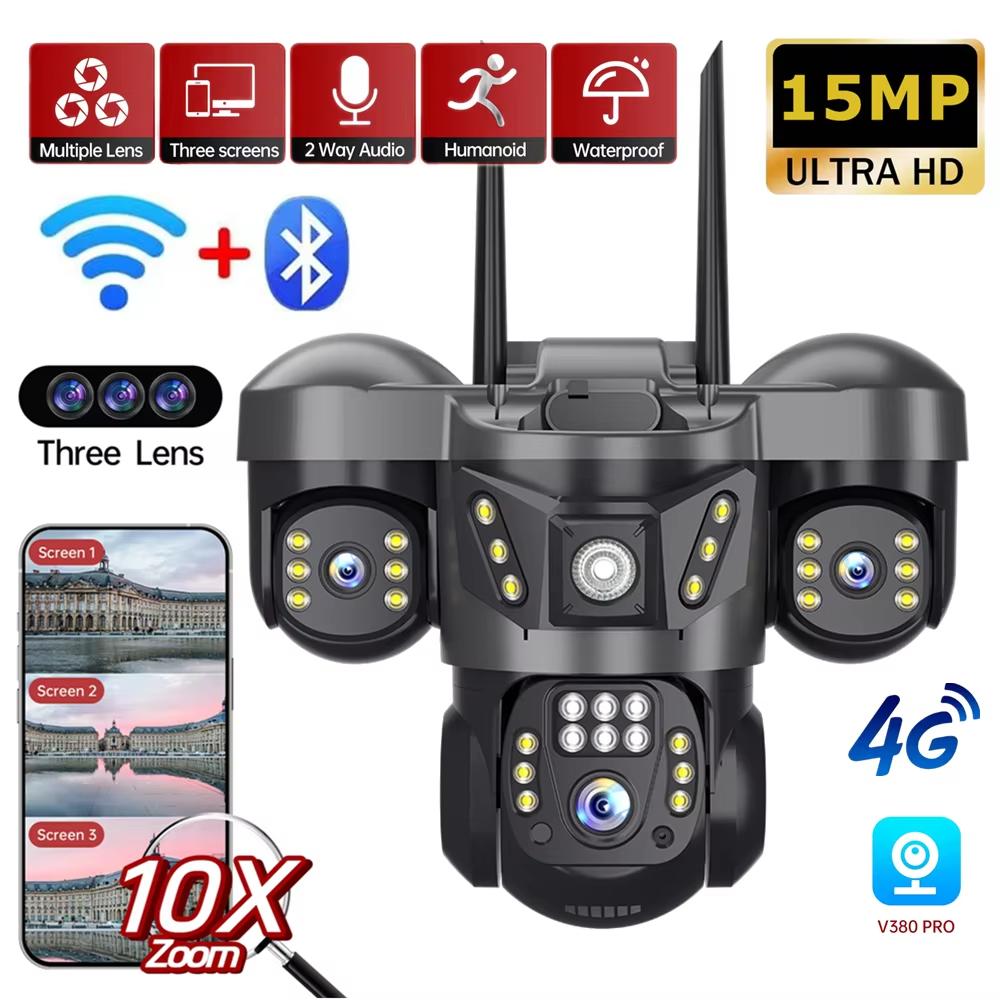 

15MP HD триекранна WIFI IP-камера зовнішня триоб єктивна 4G камера виявлення людини водонепроникна відеокамера відеоспостереження V380 Pro EU Plug WiFi Camera