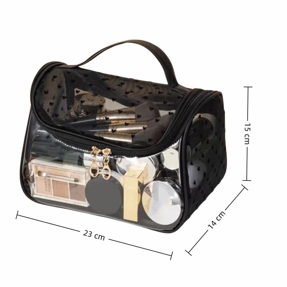 Portable Large Capacity Mesh Makeup Bag Heart Pattern Zipper Toiletry Organizer Transparent Storage Bag Outdoor