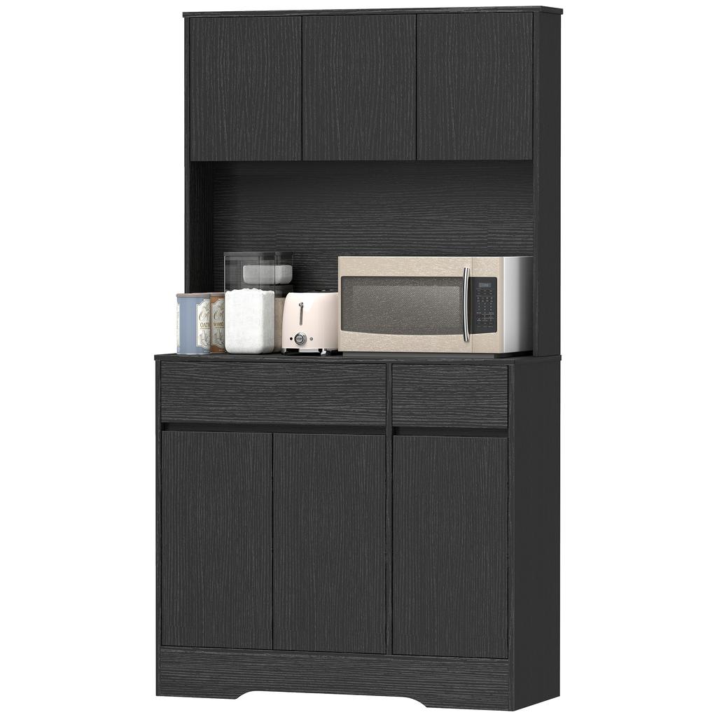 Buffet kitchen cabinet with worktop, 6 doors, tall storage cabinet with shelves, Black