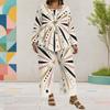 Women Plus Size Round Neck Long Sleeve Geometric Printed Layered Top Wide Leg Cropped Pants Two Piece Set