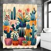Green Potted Cactus Flower Shower Curtain, Bathroom Decorative Shower Curtain, Waterproof Shower Curtain with Hooks