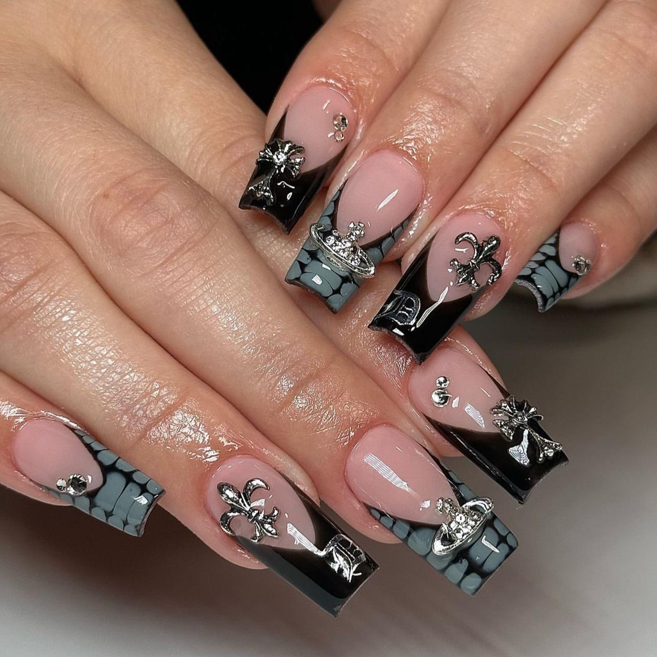 French Black Wearing Nail Crocodile Pattern Nail Art False Nails Crossheart Cross Nail Patch Square Nail Patch