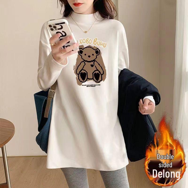 

Plus-Size Korean Style Fleece-Lined High-Neck Long-Sleeve Top for Autumn and Winter. L [100-115 lbs]