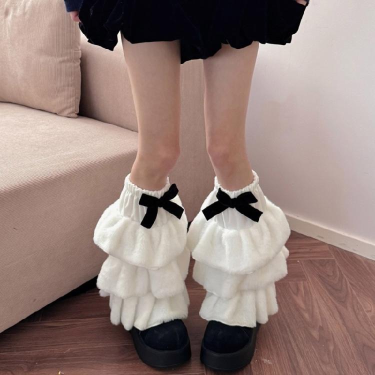 Winter Warm Furry Tiered Ruffle Leg Sleeves for Women Aesthetic Bowknot Fuzzy Leg Warmers Boot Covers Footless Socks