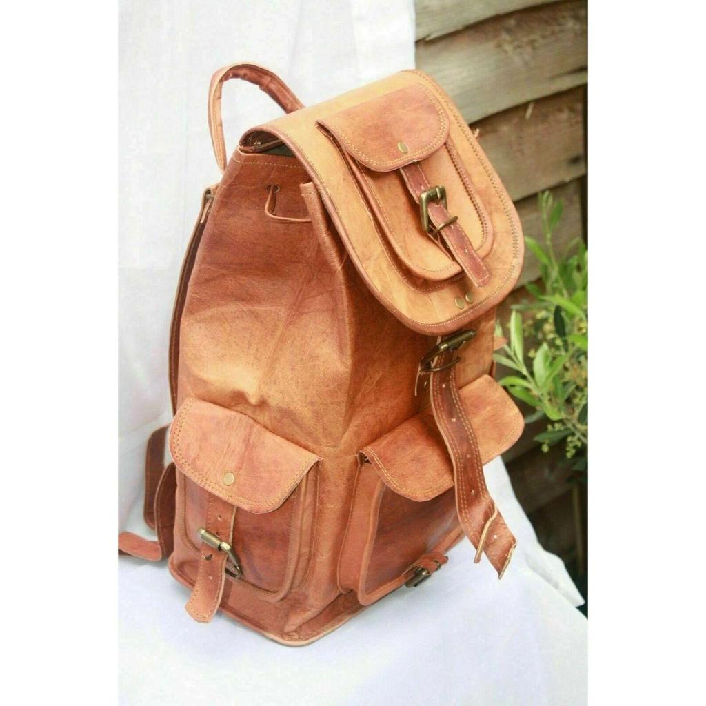 Leather Large Men's Vintage Backpack Travel Rucksack Laptop Gym Bag Genuine Goat