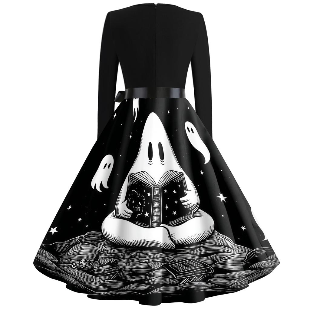 Women's Casual Halloween Dress V Neck Long Sleeve Retro Style Vintage Ghost Print Midi Dress with Waist Tie for Daily Wear