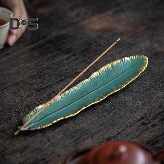 Keramik-Räucherstäbchenhalter, goldener Rand, Feder, chinesischer Stil, Vintage, eleganter Räuchergefäß, Aschefänger, Heimdekoration, Festival-Geschenk