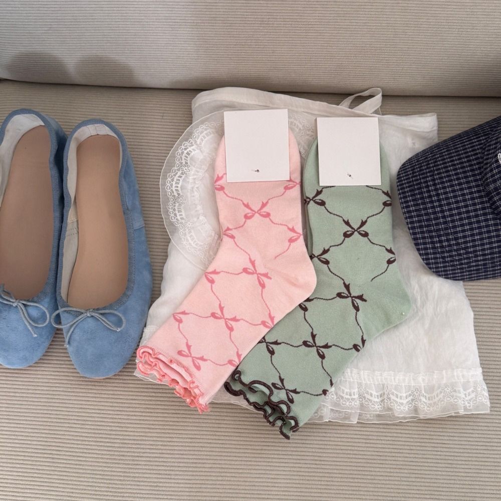 5Pairs Fashion Thin Cotton Ruffle Bow Socks Breathable Ins Style Mid Tube Socks Female Hosiery Lolita Sweet Socks Women Lady