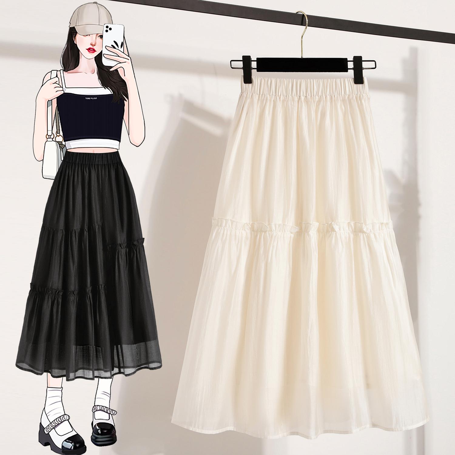 

DIMANAF 2025 Plus Size Summer Elastic Skirts Casual Women Loose Long Skirt Pleated High Waist Fashion Vintage Maxi 5XL бежевый