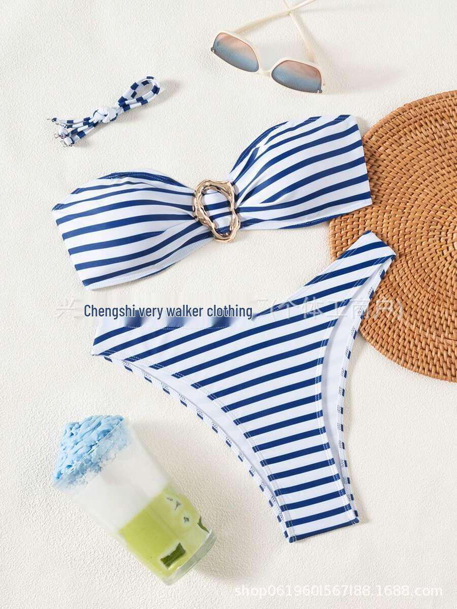 European & American Striped Swimsuit with Metal Accents and Adjustable Straps for Women Small