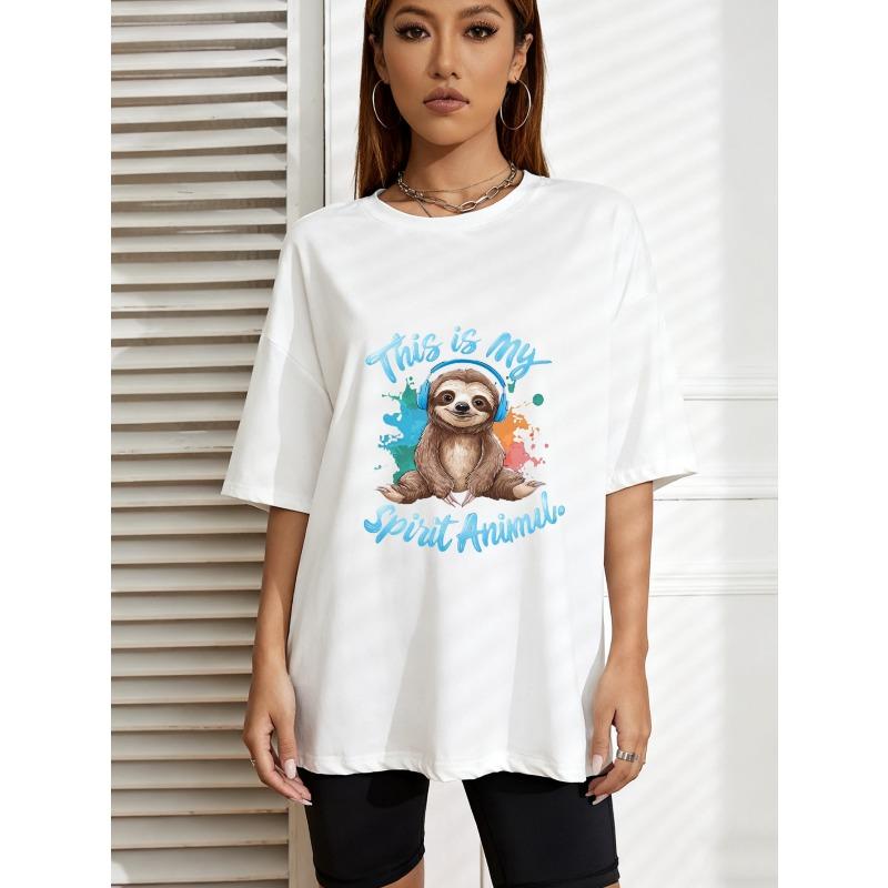 

Crew Neck T Shirt White Sloth With Headphones And This Is My Spirit Animal Text Graphic Print Casual Wear For Women XXXXL белый
