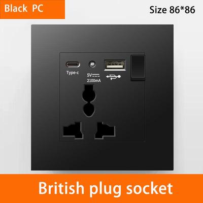 13A British Standard Socket with USB & Type-C Fast Charging, Light Switch, Black Panel for Hong Kong & Macau