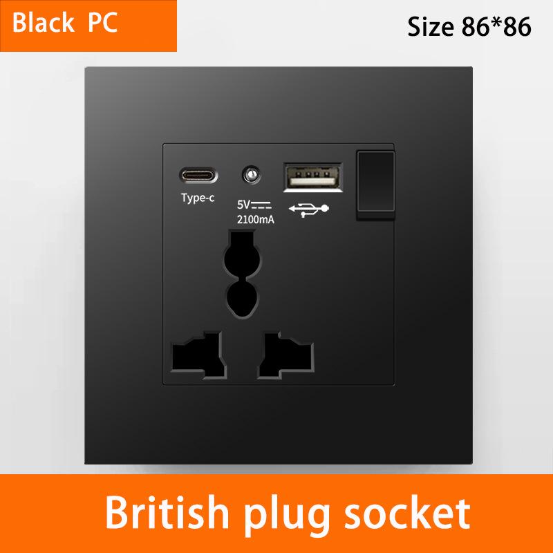 13A British Standard Socket with USB & Type-C Fast Charging, Light Switch, Black Panel for Hong Kong & Macau