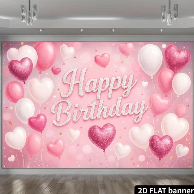 2D Cute Pink Heart Glitter Happy Birthday Backdrop Banner Party Decoration