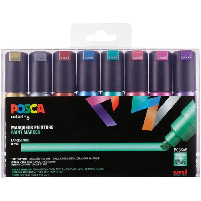 Marqueur peinture - POSCA - PC-8K - 8 pièces - Indélébile - Pointe biseautée large