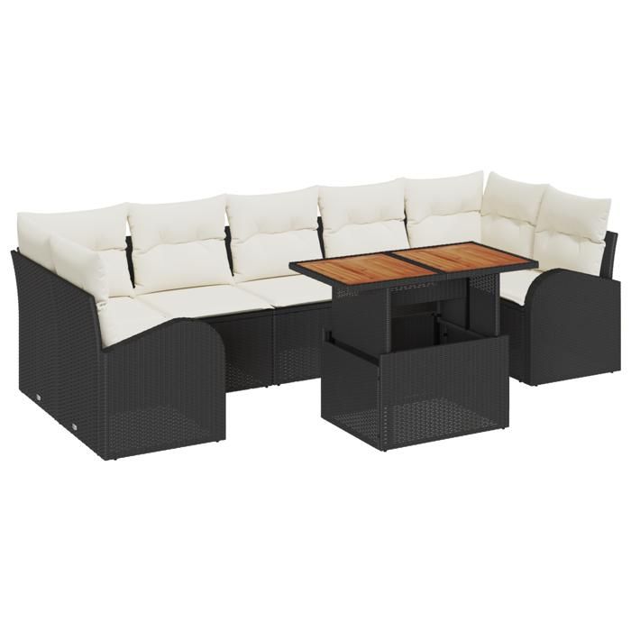 VidaXL Ensemble de salle à manger de jardin 8 pièces avec coussins Noir en Poly Rattan Acacia 3349550