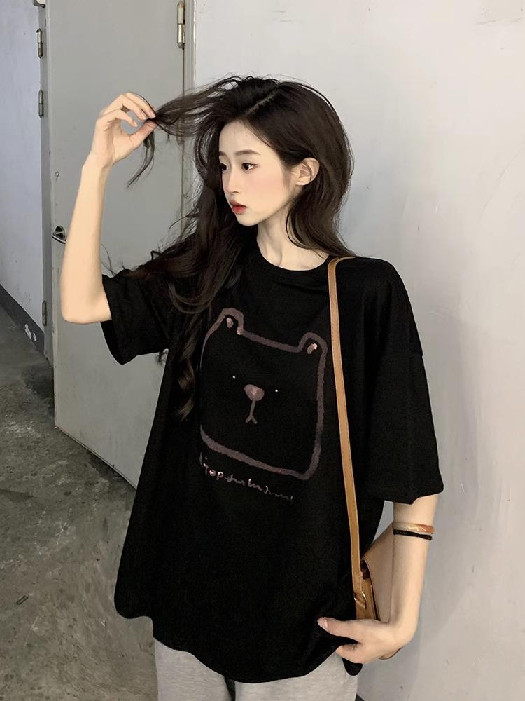 Large size fat MM lazy Hong Kong style bear print short-sleeved T-shirt women's pure cotton loose medium and long front shoulder couple top