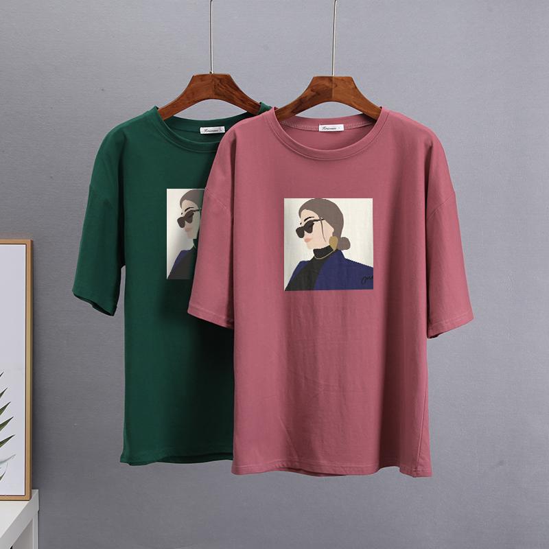 Hirsionsan Elegant Character Printed T Shirt Women Summer Chic Casual Tees Cotton Jumper Clothes Oversized Pullover Female Tops