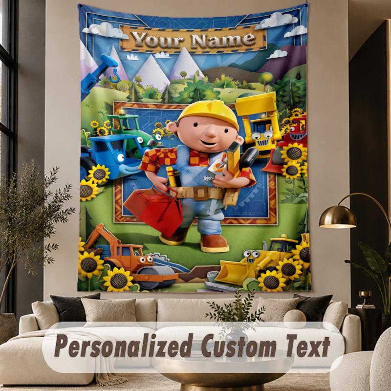 Custom Text Printed Tapestry Bob the Builder Pattern Large Wall Hanging Indoor Room Decor