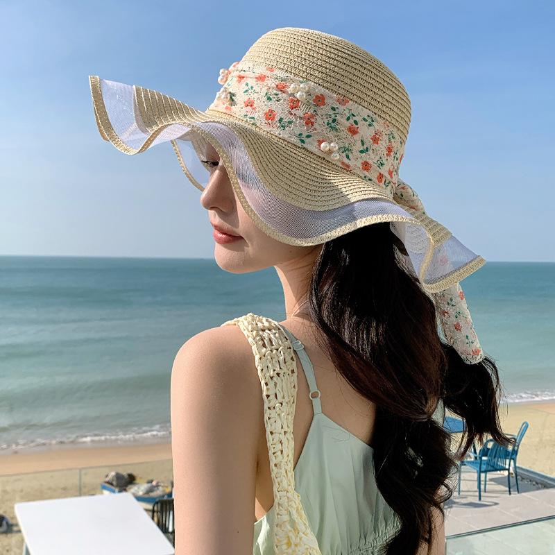 Hat Female Sweet Pearl Lace Ribbon Straw Hat Summer Seaside Big Brim Sun Hat Vacation Sun Hat