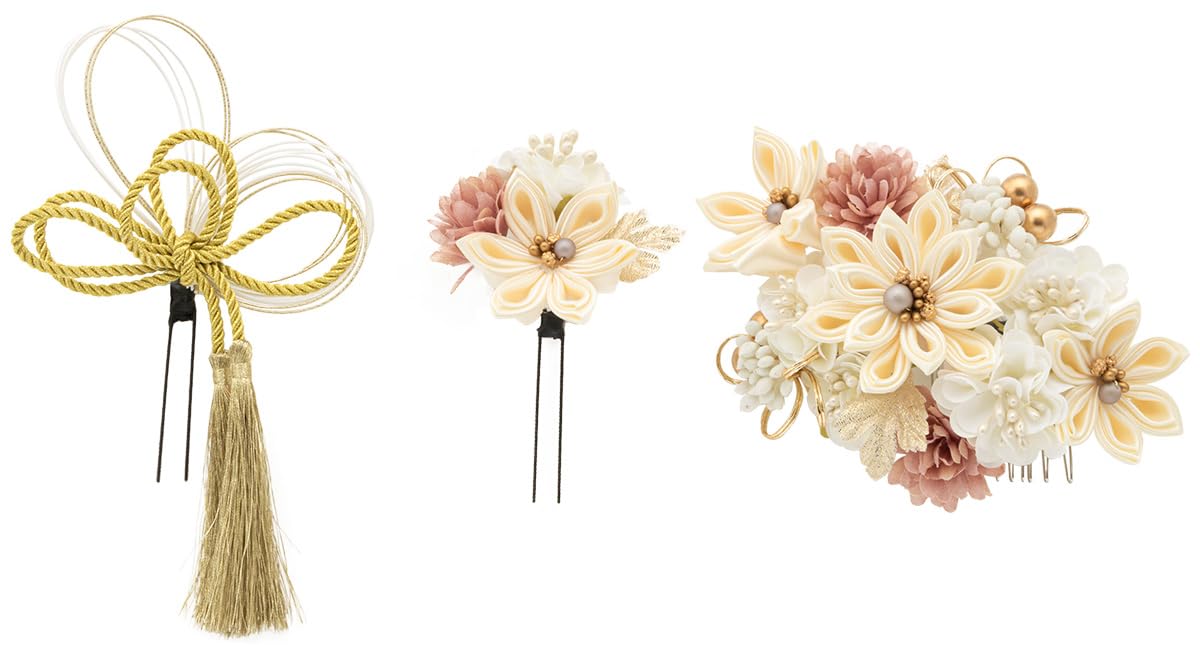 

[SOUBIEN] Soubien Hair Ornament Set for Coming-of-Age Ceremony, Mizuhiki, Tsumami-zaiku, Furisode, Graduation Ceremony, Hakama, 3-Piece Set, Cherry