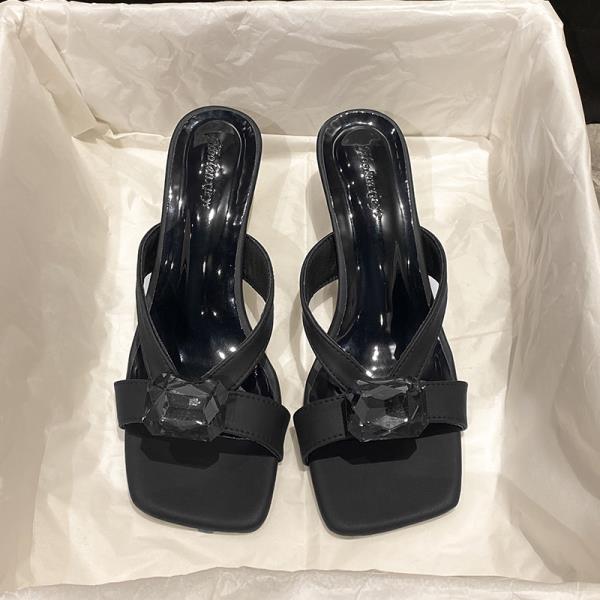 Fashion Shoes Woman's Slippers Square Toe Glitter Slides Heeled Mules Rubber Flip Flops 2025 Jelly High Hawaiian Thin Scandals Crystal