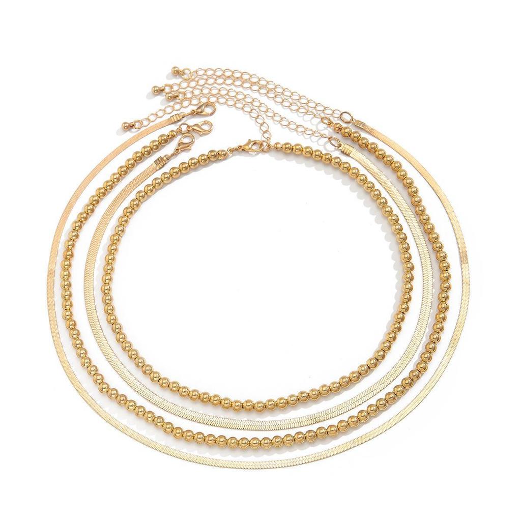 European & American Hip-Hop Style Beaded Flat Snake Chain Necklace Set with Geometric Metal Clavicle Chains