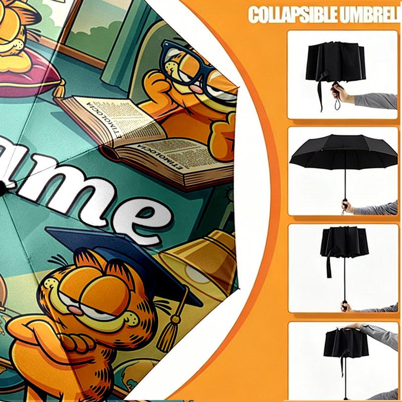 Personalisierter Garfield-Druckschirm mit individuellem Namen, Automatisches Öffnen und Schließen, Stabiler 8-Rippen-Rahmen, Für Pendeln, Camping, Wandern, Geburtstagsgeschenk