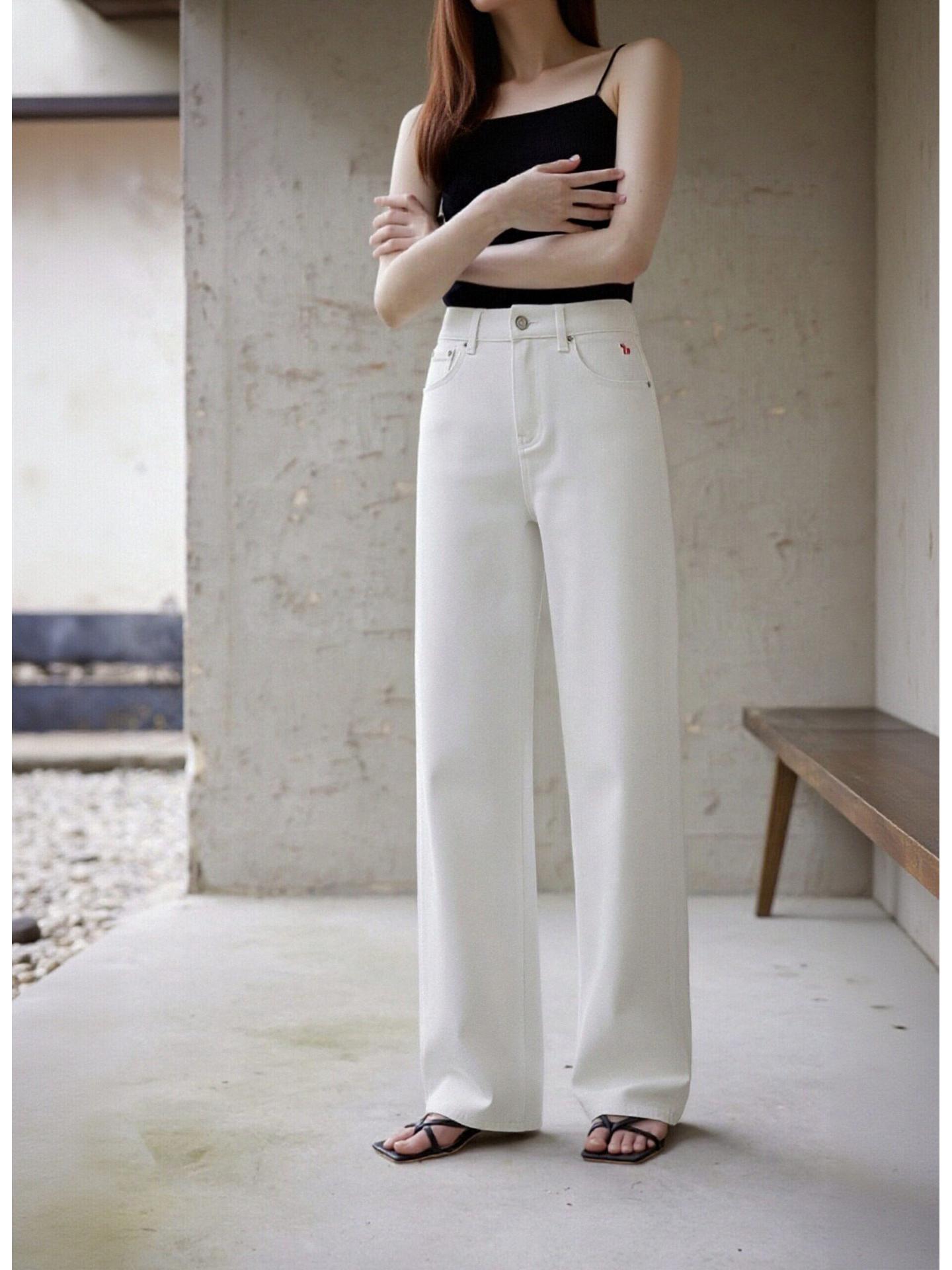 Li Shaonü Women’s High-Waist White Wide-Leg Jeans – Spring Slimming Drape Floor-Length S