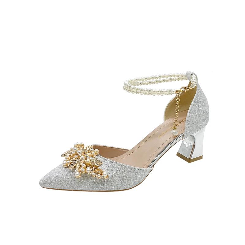 Fashion Shoes Women High Heels Women Wedding Shoes Bride Shoe Ladies Pumps Sandals Pearl Ankle Buckle Elegant Dress Women Heeled Shoes