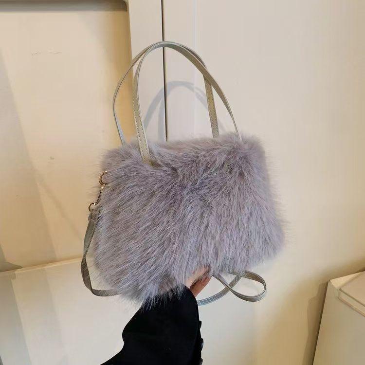 Chic Faux Fur Handbag with Detachable Strap Casual & Formal Occasis Women's Tote Bag, Stylish Fur Plush Shoulder Crossbody Bag
