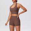 Solid Color Halter Sports Bra & Shorts Fitness Set