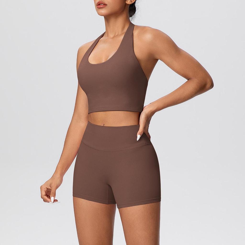 Solid Color Halter Sports Bra & Shorts Fitness Set