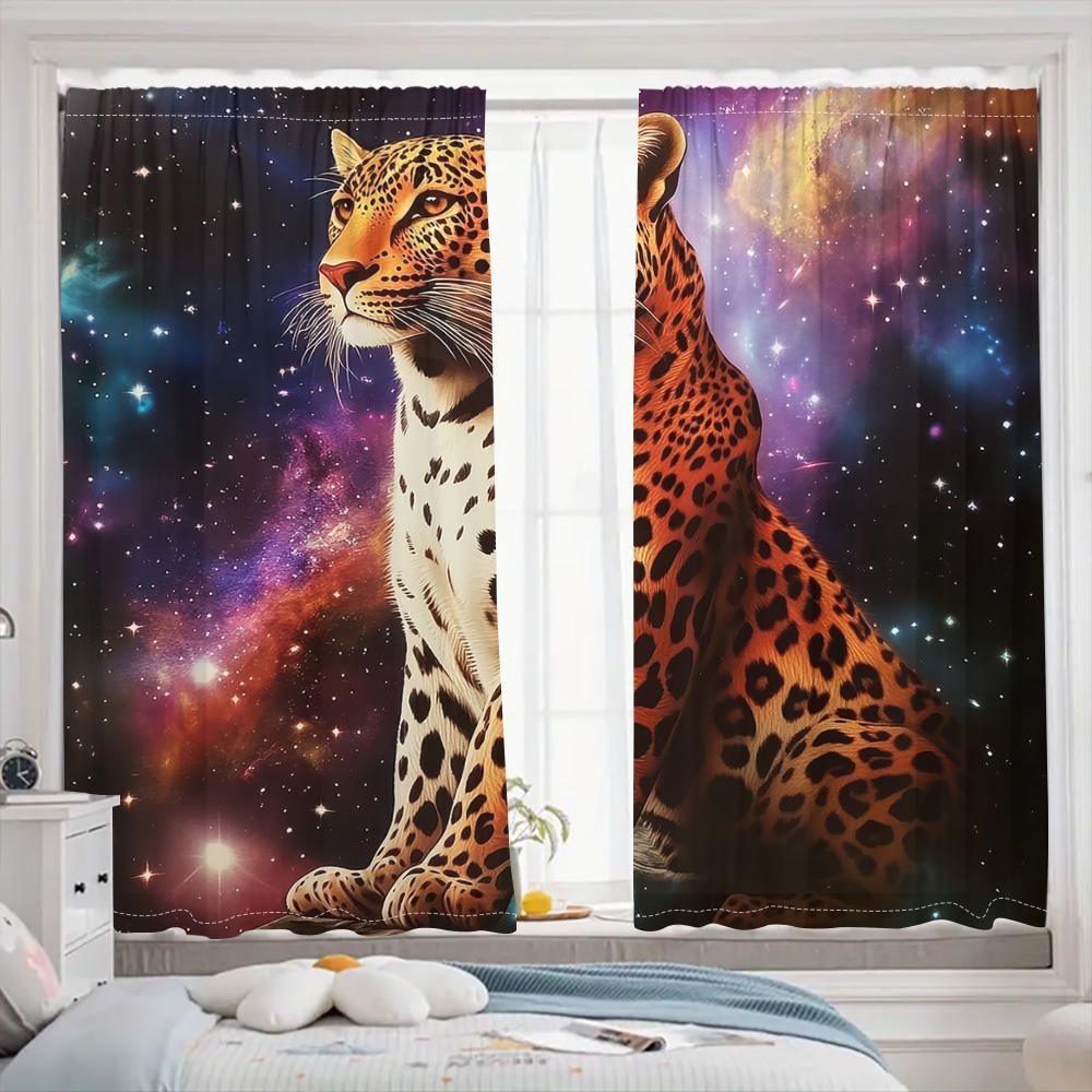 Forest Leopard And Starry Sky Background Curtain, Beautiful, Dreamlike Color, A Set Of Two, Home Bedroom Living Room Curtain.