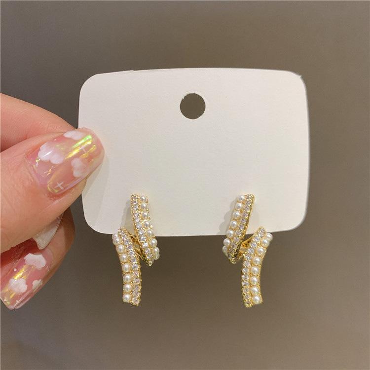 925 Silver Needle Temperament High-end Full Diamond Pearl Earrings Women's ins Wind Geometric Earrings Korean Light Luxury Earrings