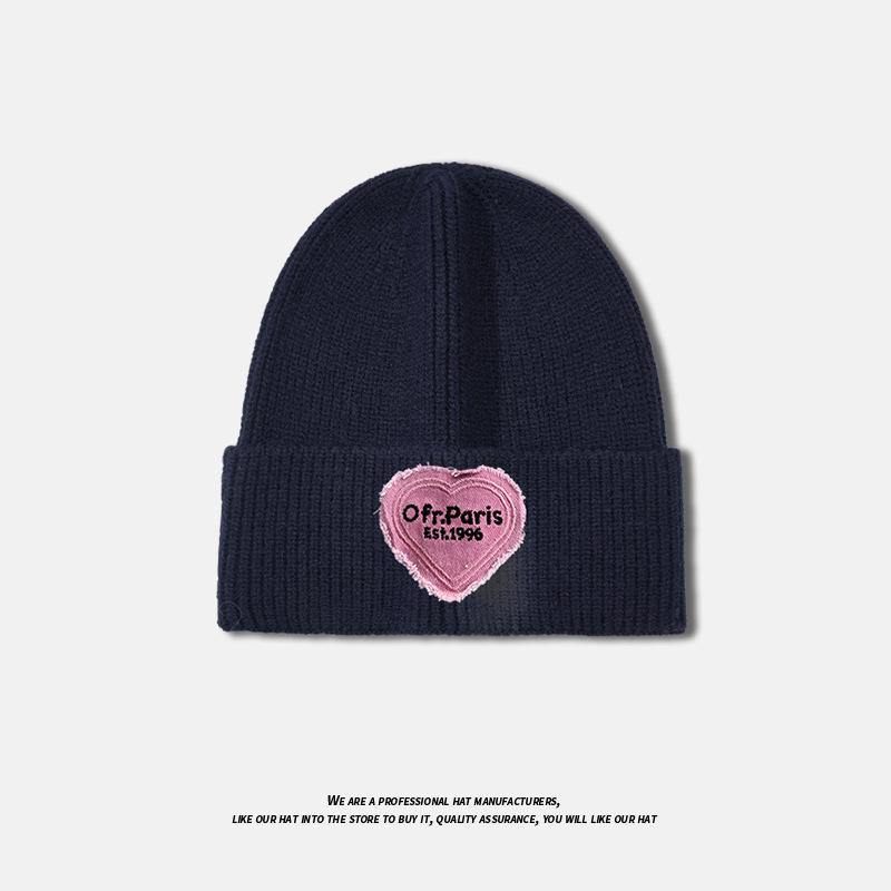 Love Patch Knitted Hat for Women In Autumn and Winter Versatile Fashionable Woolen Hat Large Head Circumference Warm Pullover Cold Hat