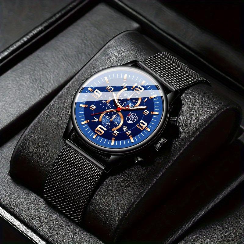 

1 шт. Модные мужские деловые кварцевые часы с календарем, мужские часы из нержавеющей стали с сетчатым ремешком и коробкой, лучшие подарки для него