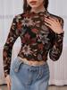 2025 Long Sleeve Mesh Print Crop Top - Sexy See-Through Casual Fashion