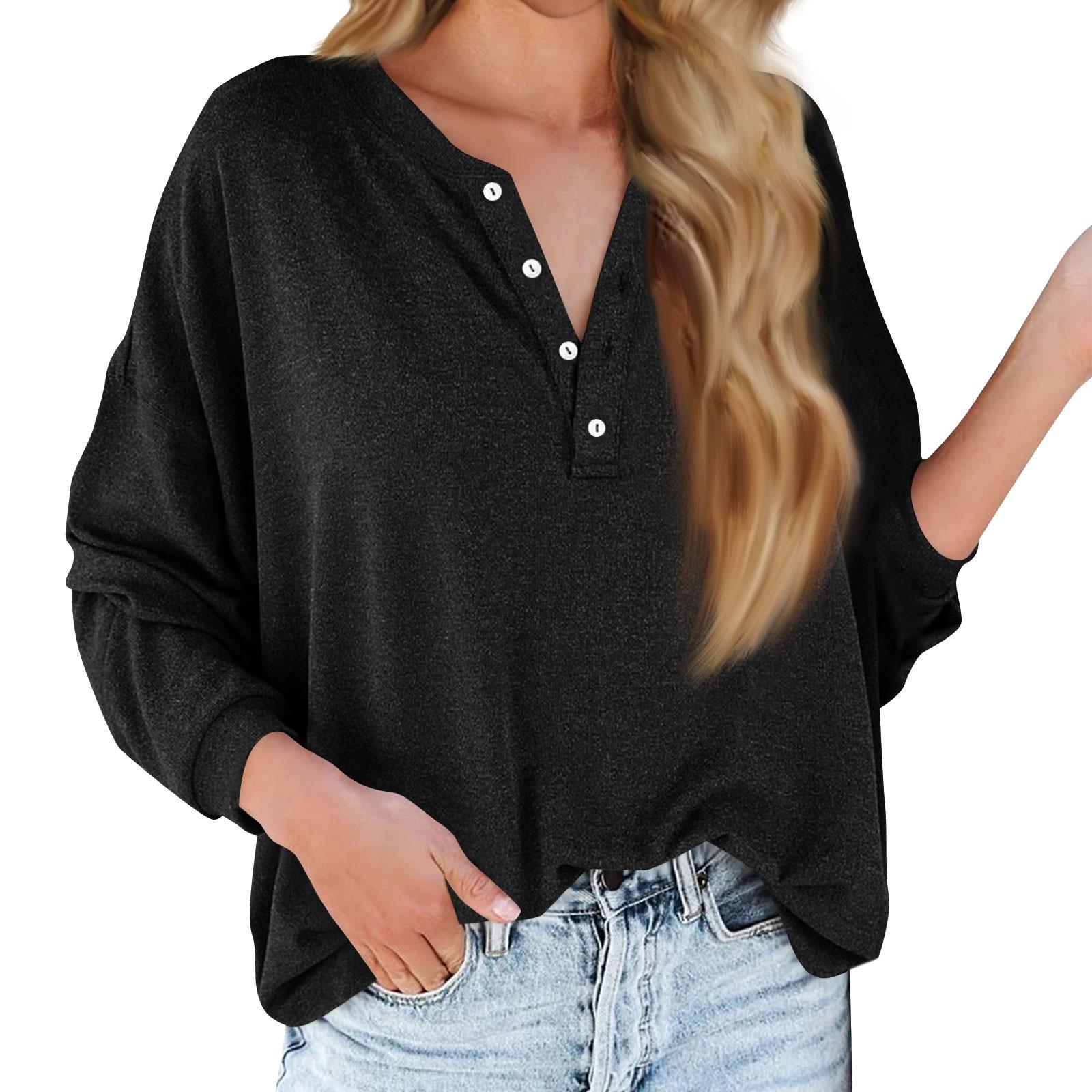 

Женская новая модная однотонная футболка с длинными рукавами и воротником на пуговицах, тонкий топ, повседневные топы L чёрный