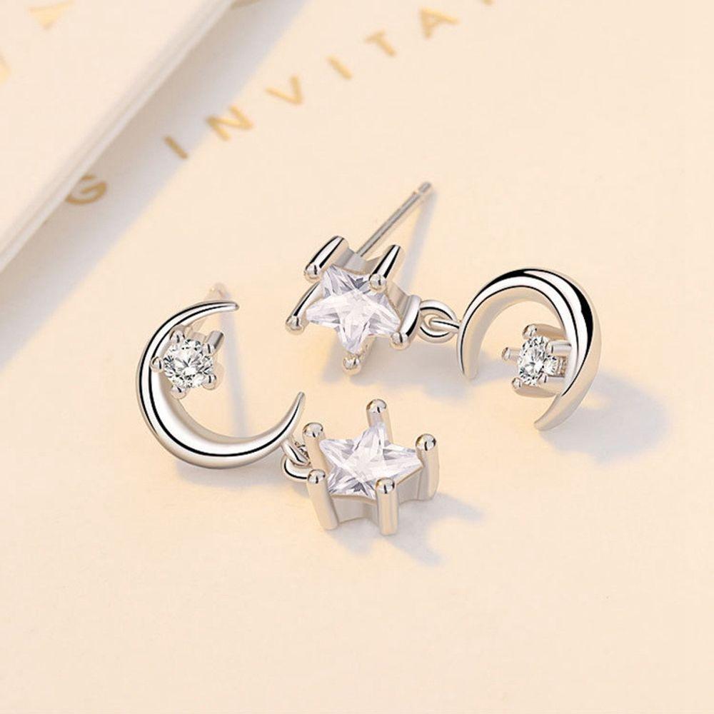 Unbalanced S925 Aaa Grade Star Moon White Silver Needle Earrings