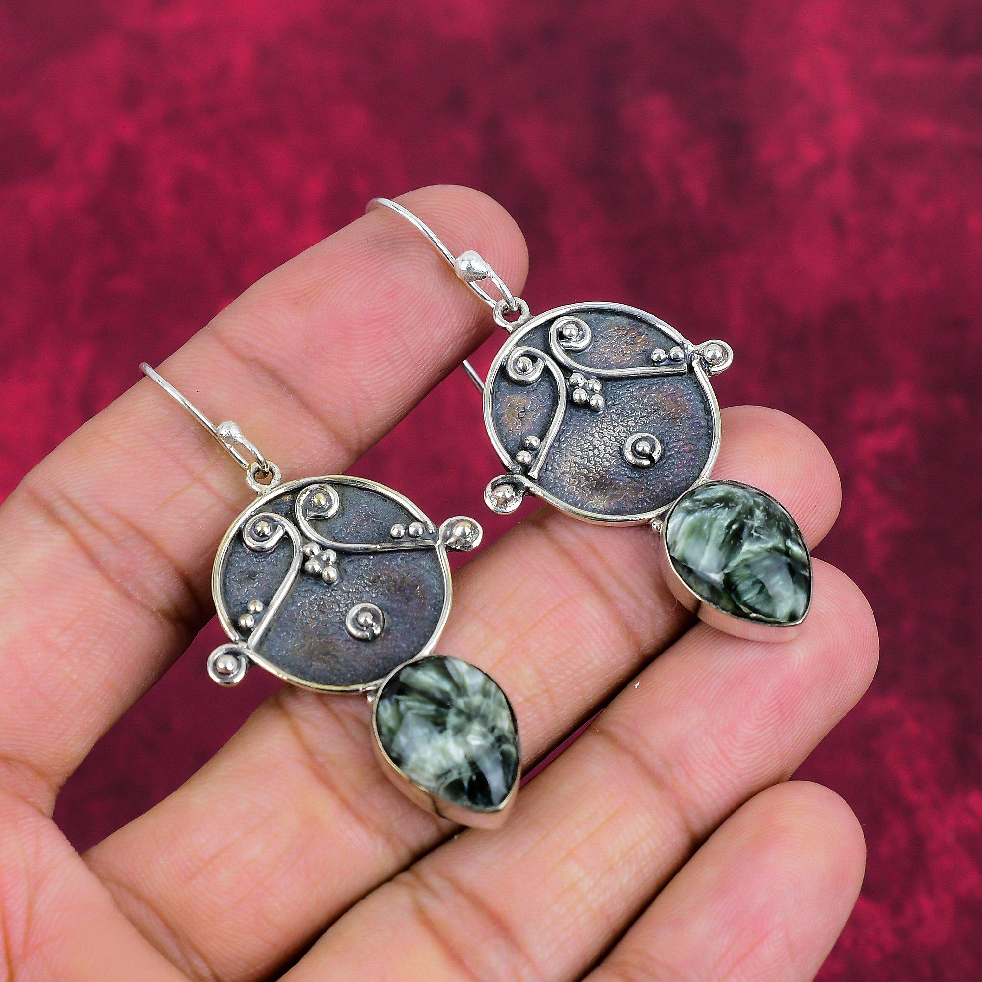 

Серьги с серафинитом, ювелирные изделия из цельного стерлингового серебра 925 пробы с драгоценными камнями, серьги ручной работы, на День благодарения 2.24 Inches зелёный