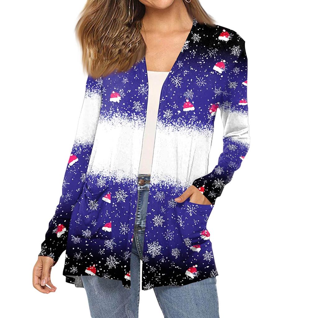 Dámský módní vánoční potisk dlouhý rukáv kapsy slim fit kardigan kabát