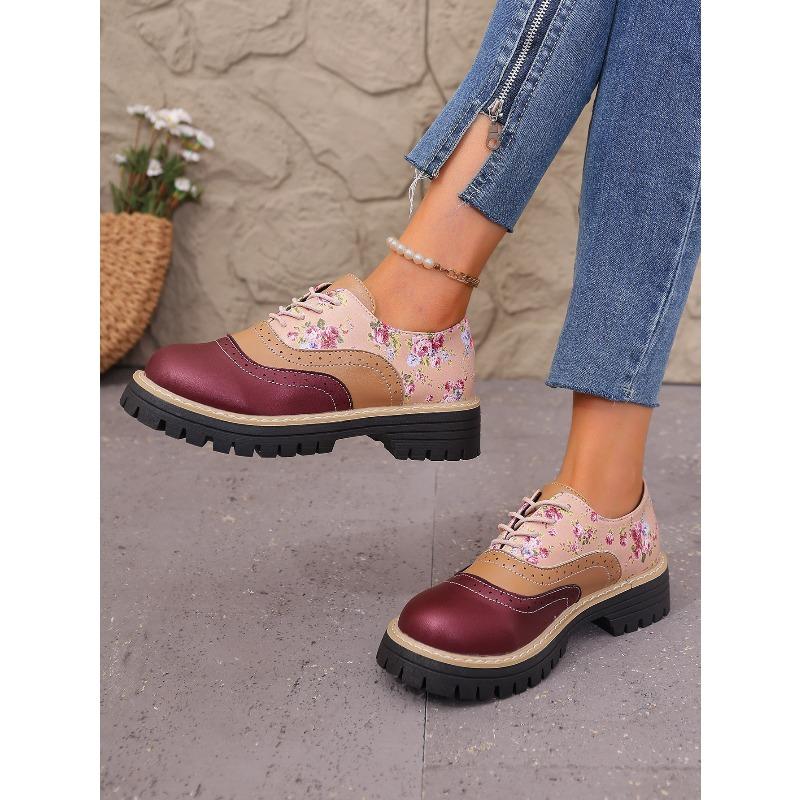 Autumn Printed Low-top Shoes 2025 New Plus-size Lace-up British Style Muffin Small Leather Shoes for Women
