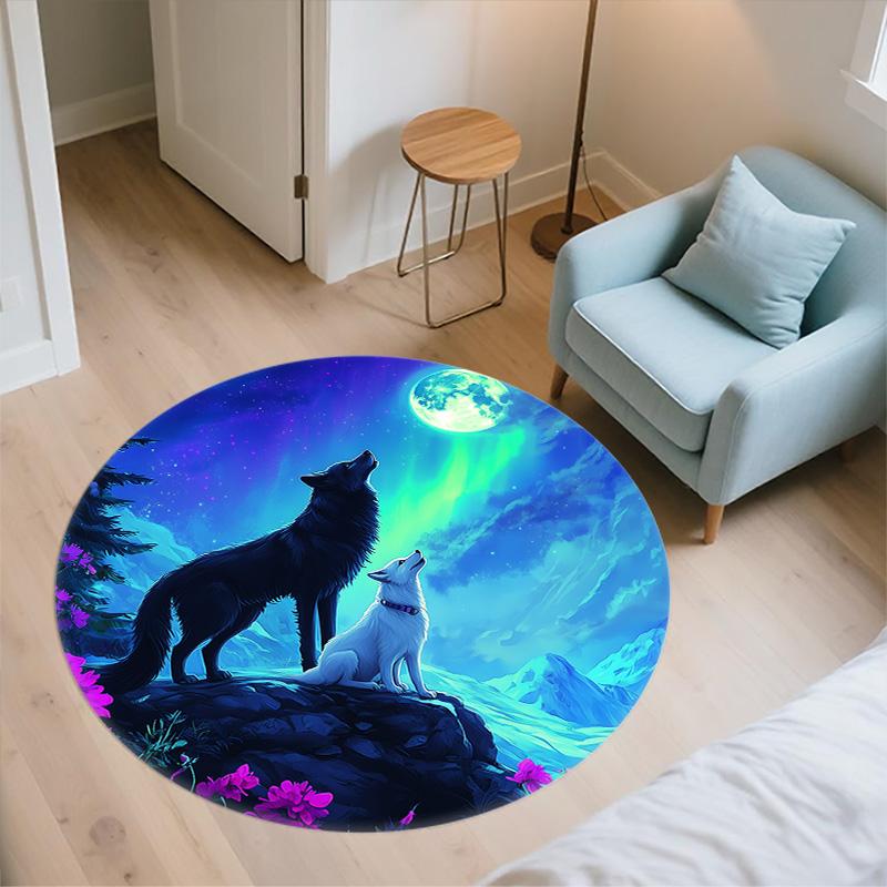 Moon Wolf,Round Area Rug,Carpet Rug for Living Room Bedroom Sofa Playroom Decor,Non-slip Floor Mat